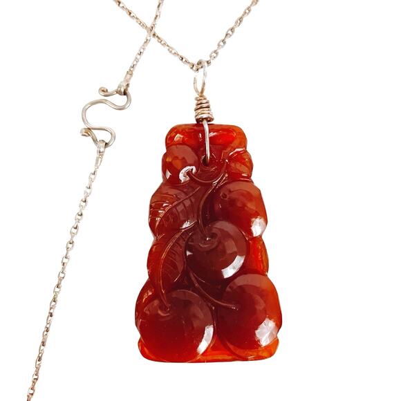 Vintage Faux Carnelian Molded Glass Fruit Pendant Sterling Silver Necklace 23" - Picture 5 of 12